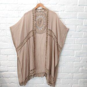 Long Cardigan Cover Up Kimono Beige Tan by Soft Surroundings Crochet Bohemian